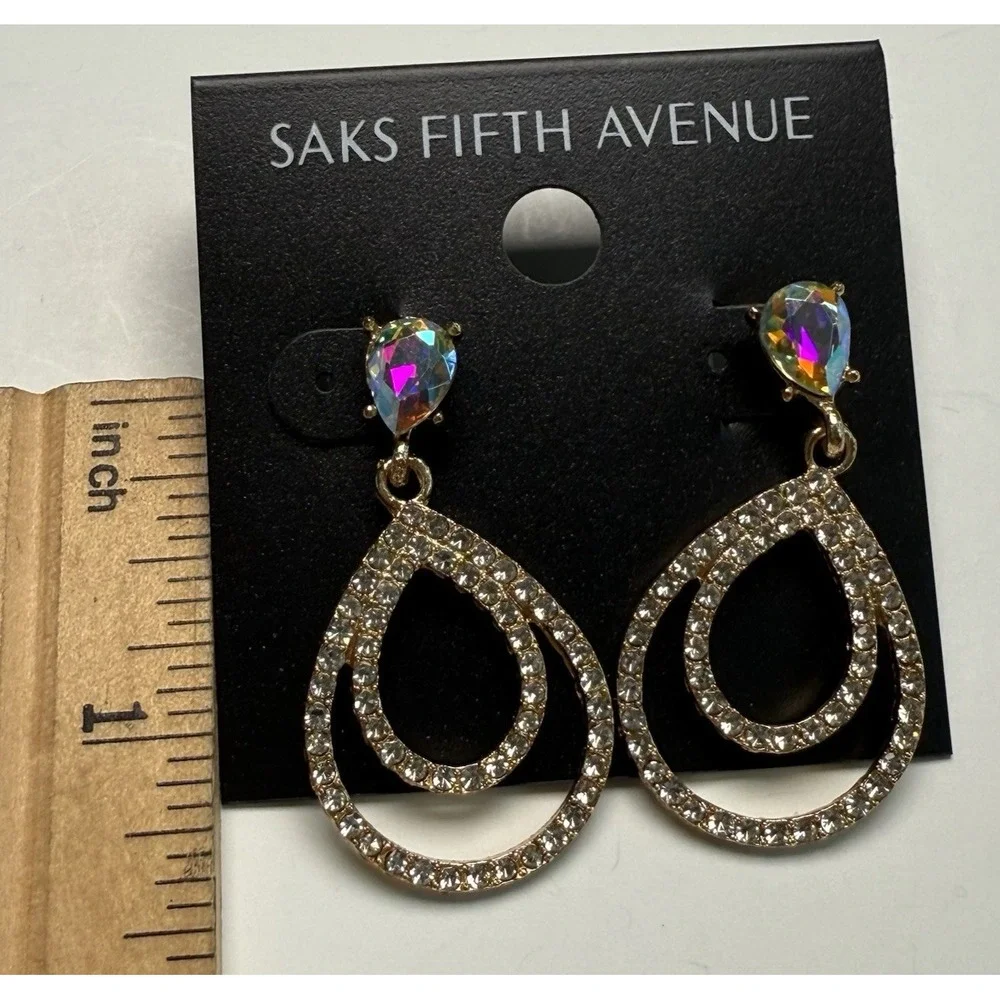 Saks Fifth Avenue Gold Tone AB Crystal Rhinestone Teardrop Dangle Earrings Glam